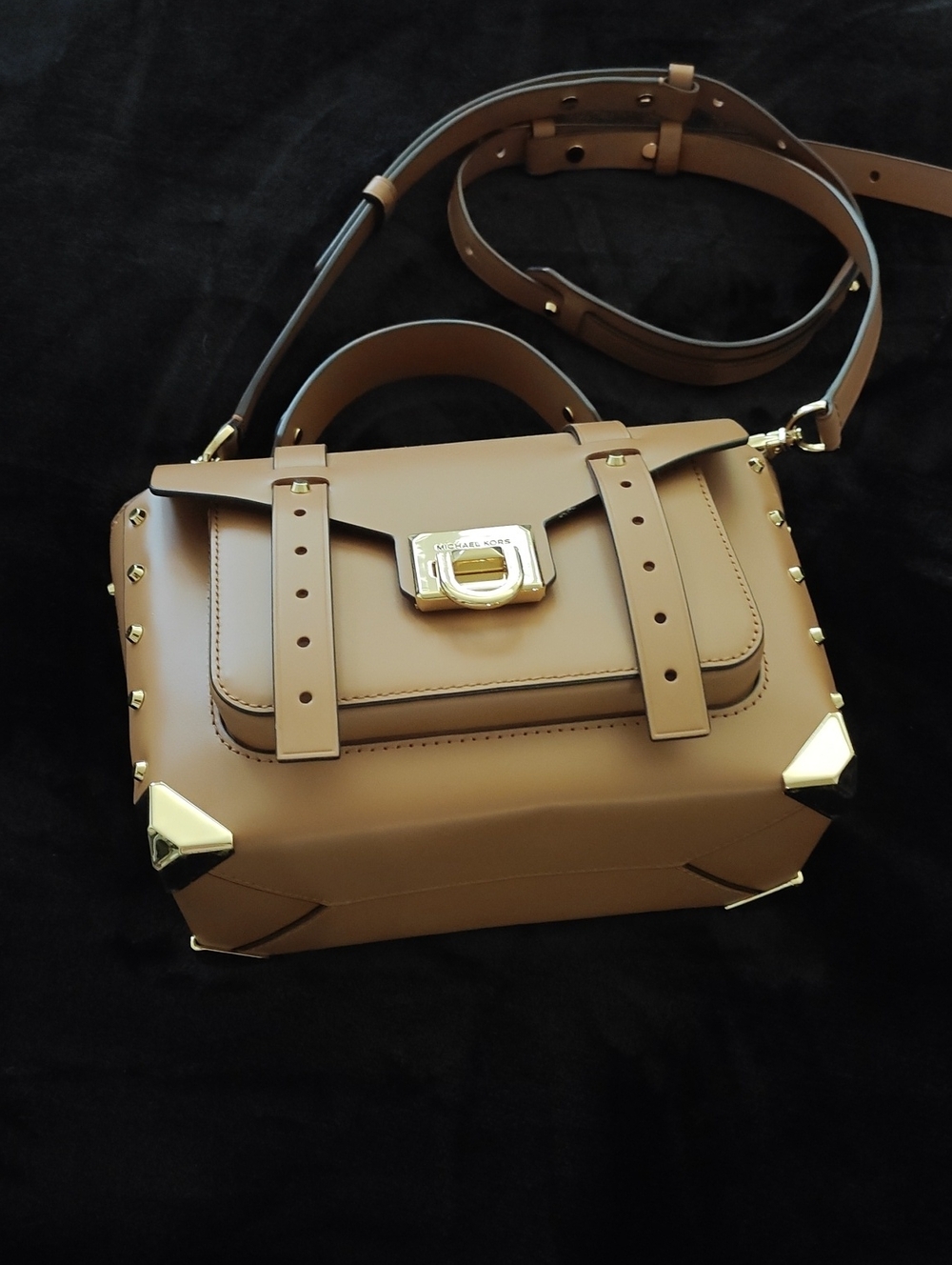 Michael Kors Carmel Colored Leather Studded Manhattan with Gold Hardware